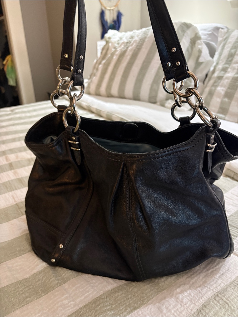 Coach Black Leather Shoulder Bag with Silver Rings